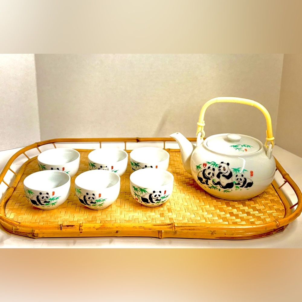 Vintage Chinese Panda Tea Set with Bamboo Tray